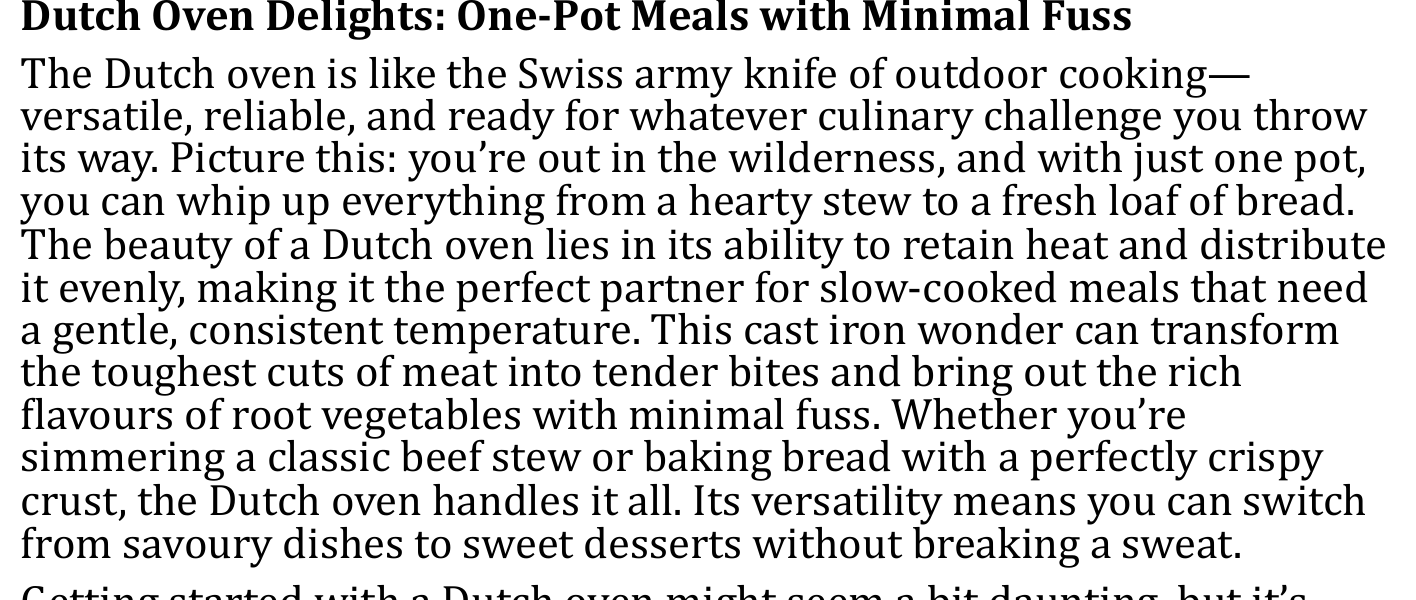 FIRECRAFT page headed Dutch Oven Delights: One-Pot Meals with Minimal Fuss, explaining Dutch oven cooking over coals.